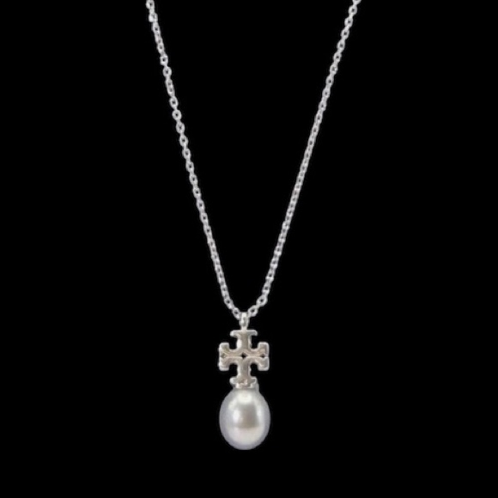 New Auth. Tory Burch Kira Pearl Pendant Necklace Gray Silver with Tag